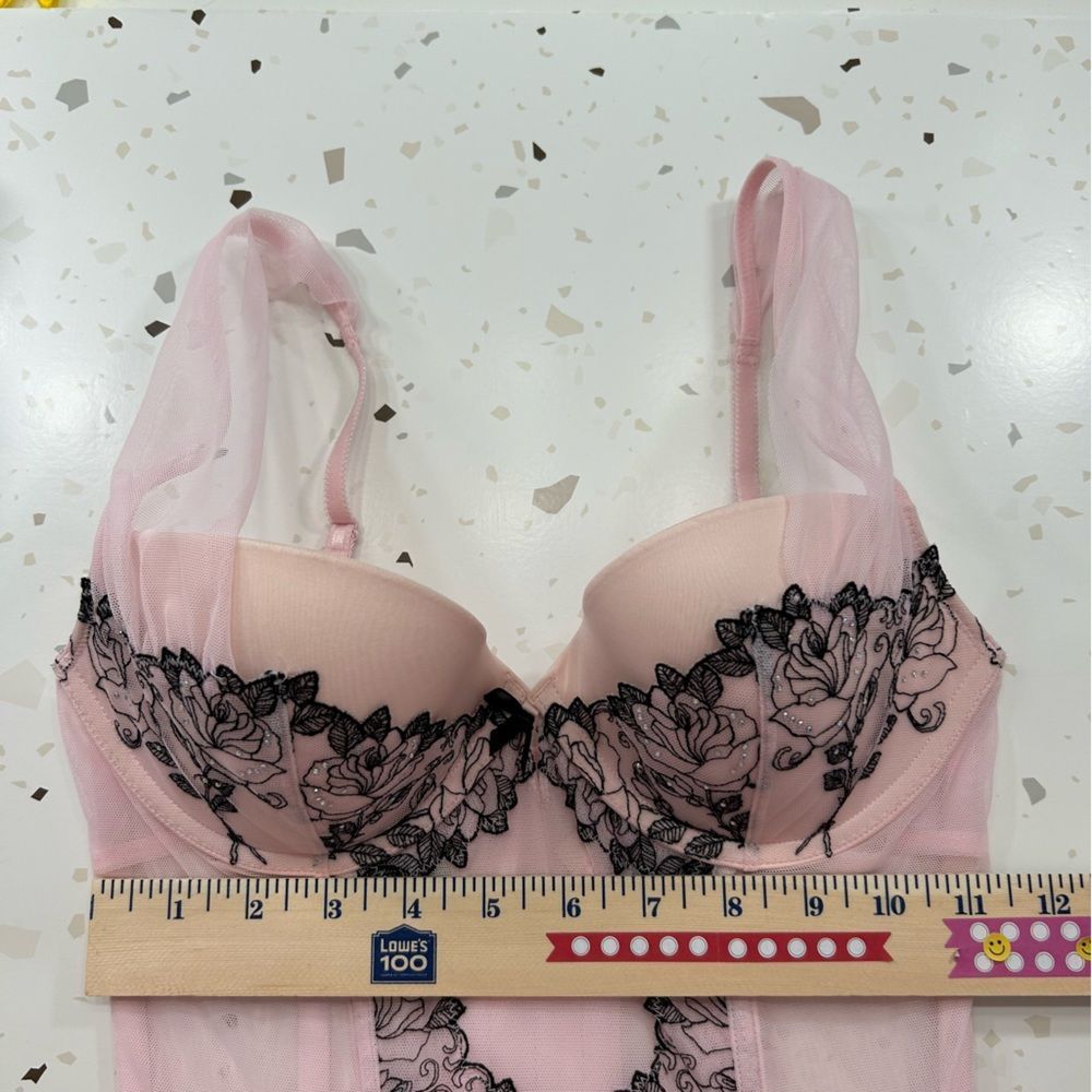 Victorias Secret Pink Corset Mesh Bustier Rhinestone Lingerie 34C - Picture 7 of 11